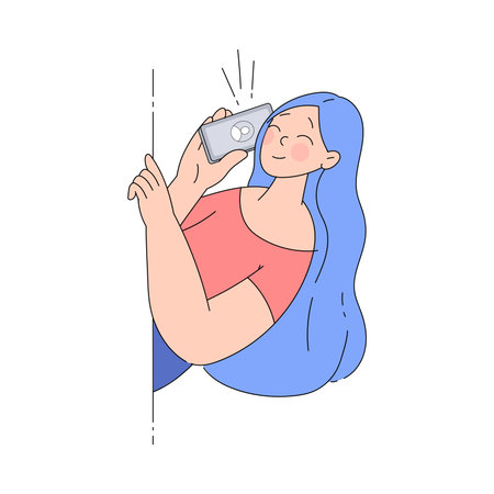 Smiling Woman Character Looking Out of Corner with Smartphone Vector Illustrationのイラスト素材