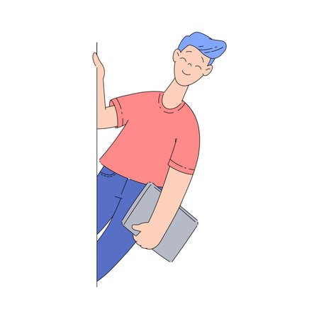 Smiling Man Character Looking Out of Corner with Tablet Vector Illustrationのイラスト素材