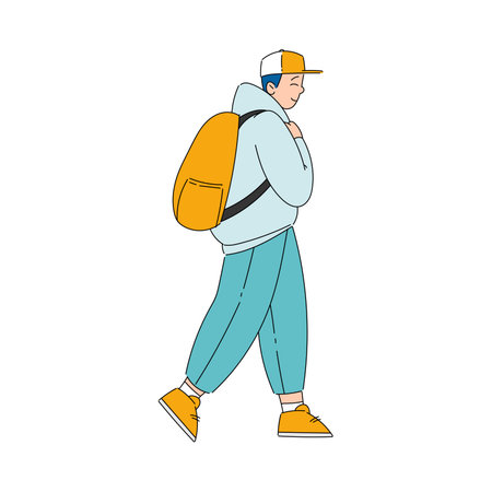Man with Backpack Walking Looking Far at Something Interesting Vector Illustrationのイラスト素材