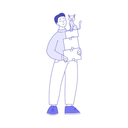 Man Character Standing with Pile of Cardboard Box and Cat on Top Vector Illustrationのイラスト素材