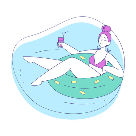Woman Character at Beach Sunbathing Floating on Rubber Ring Drinking Cocktail Vector Illustrationのイラスト素材