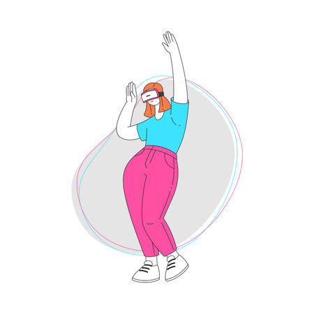 Young Woman Wearing Augmented Reality Glasses Standing with Raised Hands Vector Illustrationのイラスト素材