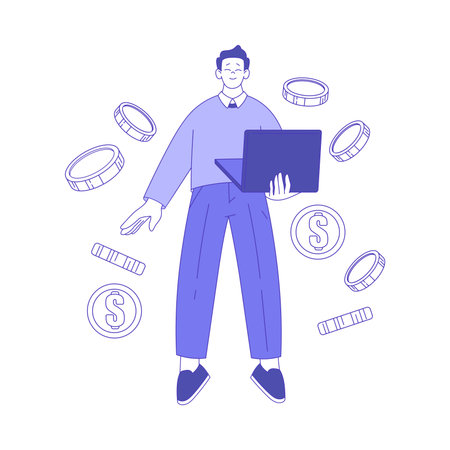 Successful Business Man Character with Laptop Making Deal and Money Earning Vector Illustrationのイラスト素材