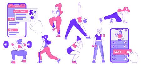 Young Female Body Training and Sport Workout with Mobile App Vector Setのイラスト素材