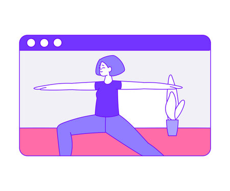 Woman Trainer Character on Computer Screen Doing Sport and Fitness Online Training and Workout Vector Illustrationのイラスト素材