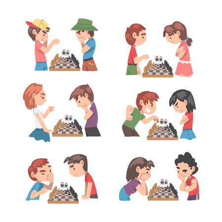 Cute Boy and Girl Character Sitting and Playing Chess Vector Setのイラスト素材