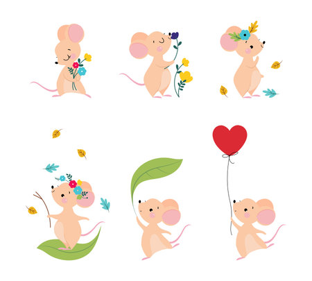 Cute Mouse with Pointed Snout and Rounded Ears Vector Setのイラスト素材