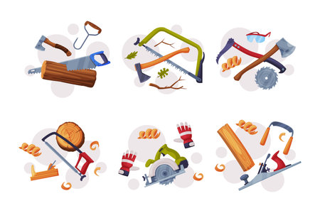 Wood Chopping Equipment with Axe, Saw, Glove and Panel Vector Setのイラスト素材