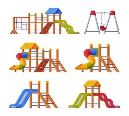 Colorful Wooden Slide with Tube and Ladder on Playground Vector Illustration Setのイラスト素材