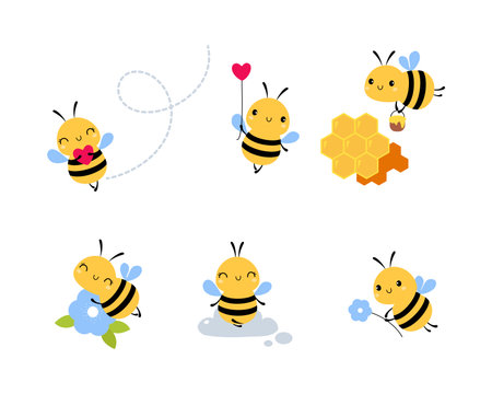 Cute Little Honey Bee with Wings and Black Stripes Flying Vector Setのイラスト素材