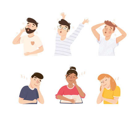 Sleepy Man and Woman Yawning Feeling Need for Sleep Vector Illustration Setのイラスト素材