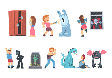Childhood Fear with Scary Monster Frightening Little Boy and Girl Vector Setのイラスト素材