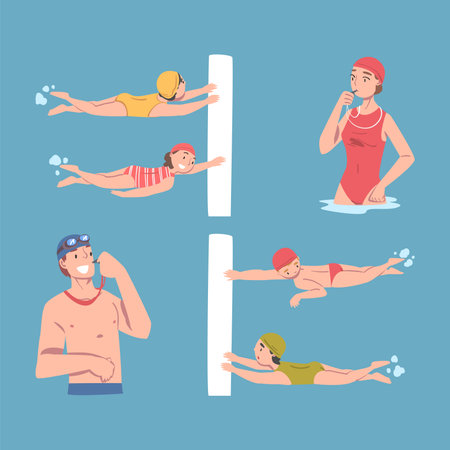 Cute Kids Swimming in Pool at Class with Man and Woman Coach with Whistle Teaching Them Vector Setのイラスト素材