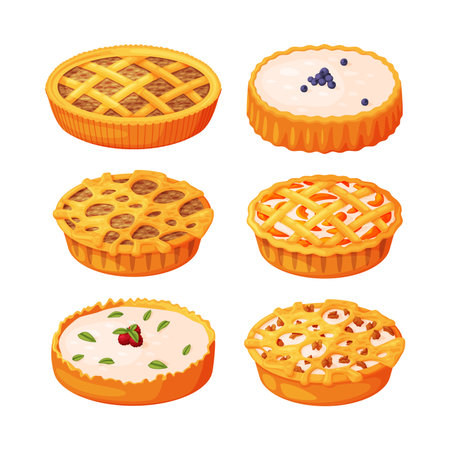 Baked Pie Made from Pastry Dough with Sweet Fruit Filling and Cream Vector Setのイラスト素材