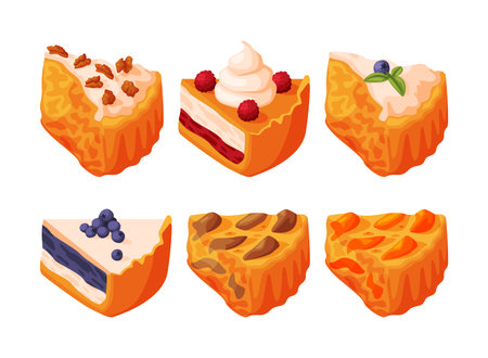 Baked Pie Made from Pastry Dough with Sweet Fruit Filling and Cream Vector Setのイラスト素材