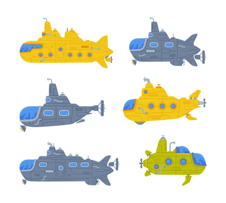 Colorful Submarine Watercraft Swimming Underwater Vector Setのイラスト素材
