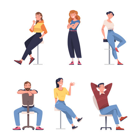 Young Smiling Man and Woman Sitting on Chair and in Standing Pose Vector Illustration Setのイラスト素材