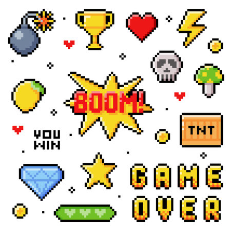 Pixel 8-bit Objects and Video Game Style Element Vector Setのイラスト素材