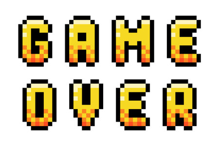 Pixel 8 Bit Game Over Inscription and Words of Uppercase Letter Vector Illustrationのイラスト素材