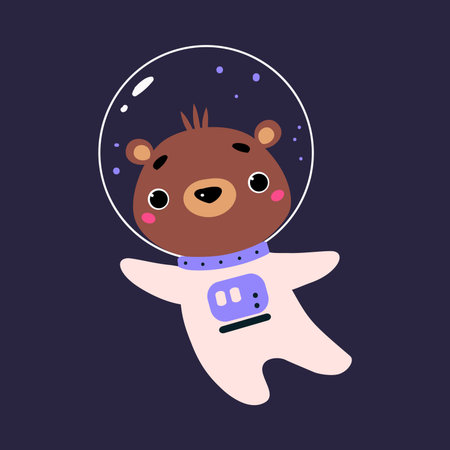 Space Adventure with Bear Astronaut in Spacesuit Floating Exploring Galaxy Vector Illustrationのイラスト素材
