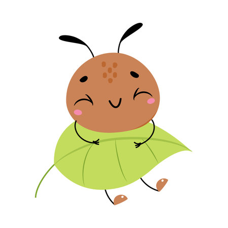 Cute Brown Little Ant Carry Green Leaf and Smiling Vector Illustrationのイラスト素材