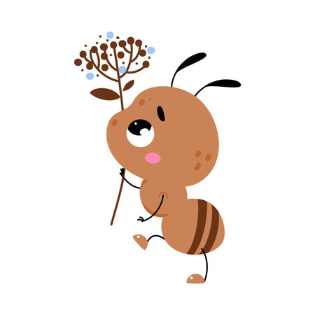 Cute Brown Little Ant Carry Twig Vector Illustrationのイラスト素材
