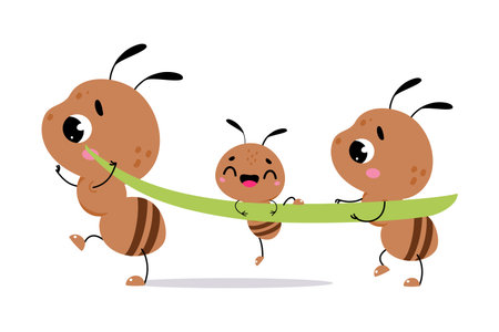 Cute Brown Little Ant Carry Green Grass Blade Together Vector Illustrationのイラスト素材