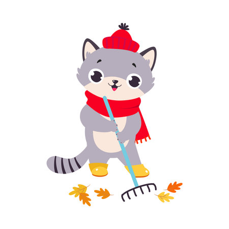 Funny Autumn Grey Cat Wear Scarf Gather Foliage with Rake Vector Illustrationのイラスト素材