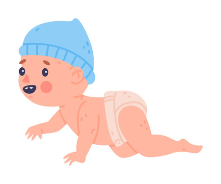 Cute Little Baby Boy or Infant in Blue Hat Crawling Vector Illustrationのイラスト素材