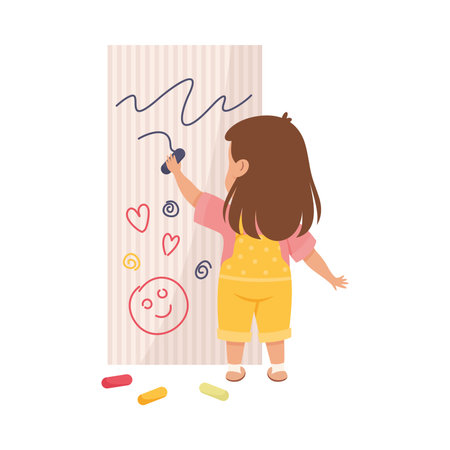 Little Girl Drawing on Wall with Crayons Having Bad Behavior Vector Illustrationのイラスト素材