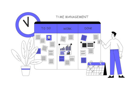 Business Process with Man Character Near Task Board as Time Management Vector Illustrationのイラスト素材