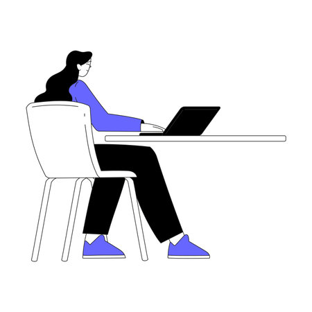 Business Process with Woman Character Sitting at Laptop Working Vector Illustrationのイラスト素材