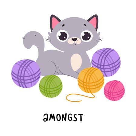 Little Grey Cat Amongst Yarn Balls as English Language Preposition for Educational Activity Vector Illustrationのイラスト素材
