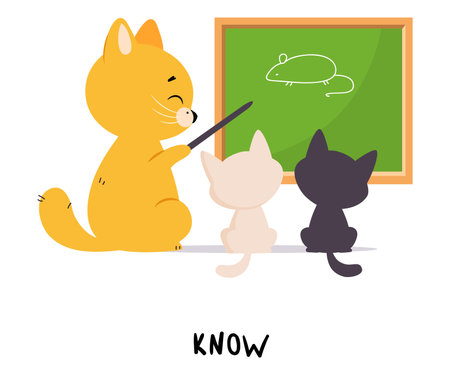 Funny Cat at Chalkboard Know Mouse as English Verb for Educational Activity Vector Illustrationのイラスト素材
