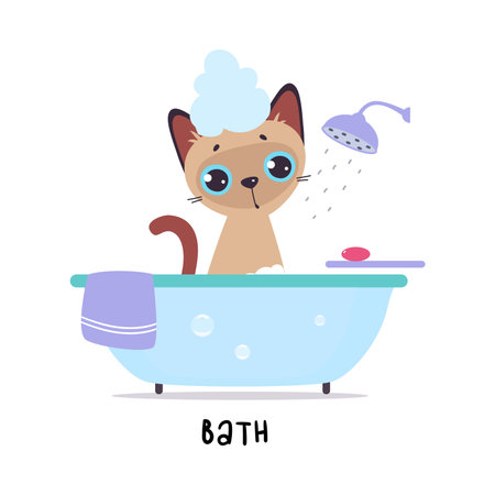 Funny Brown Cat Bathing in Bathtub as English Verb for Educational Activity Vector Illustrationのイラスト素材