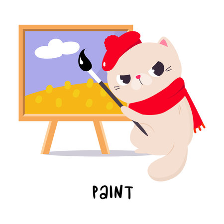 Funny Cat in Beret Paint on Canvas with Brush as English Verb for Educational Activity Vector Illustrationのイラスト素材