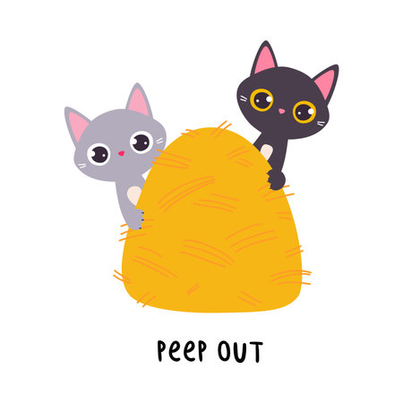Funny Cat Peep Out from Hay Stack as English Verb for Educational Activity Vector Illustrationのイラスト素材