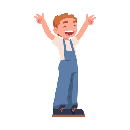 Happy Boy with His Hands Up Standing and Smiling Vector Illustrationのイラスト素材