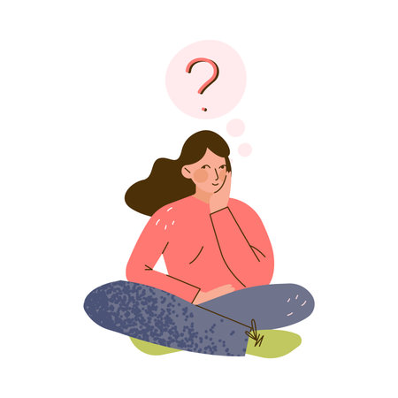 Sitting Woman Character Make Choice Choosing and Thinking Vector Illustrationのイラスト素材