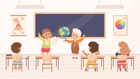 Classroom with Little Children Pupils Sitting at Desk Have Lesson Vector Illustrationのイラスト素材