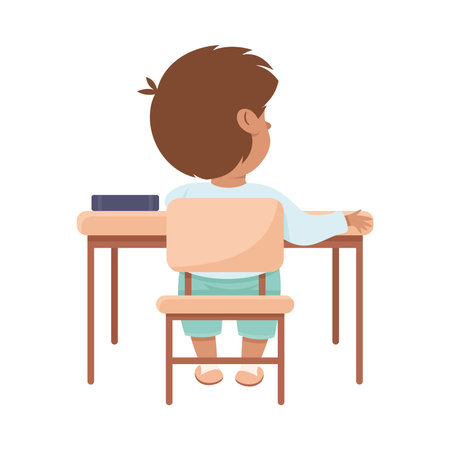Cute Boy Pupil in Classroom Sitting at Desk Have Lesson Back View Vector Illustrationのイラスト素材