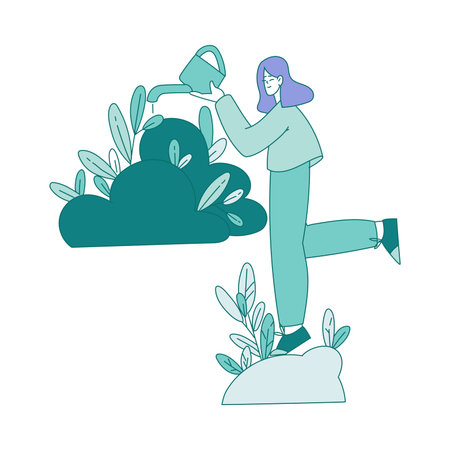 Mental Health with Woman Character Watering Cloud Feeling Happiness and Harmony Vector Illustrationのイラスト素材