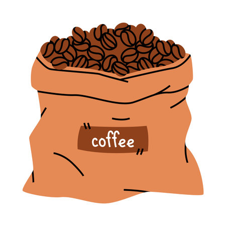 Coffee Sack or Bag with Roasted Brown Bean Pile Vector Illustrationのイラスト素材