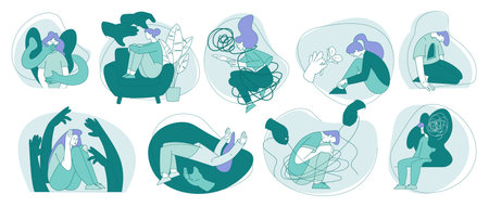 Young Man and Woman Suffering from Mental Disorder Vector Setのイラスト素材