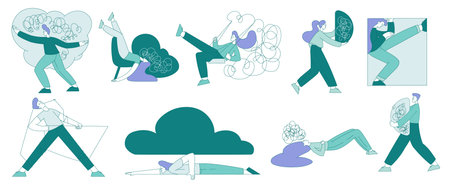 People Struggling with Clutter of Thoughts in Brain Vector Setのイラスト素材