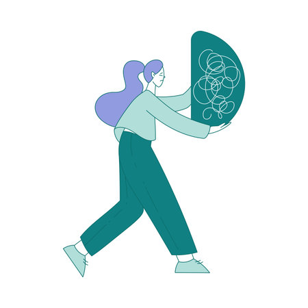 Sad Woman Carrying Clutter or Tangled Skein Suffer from Psychic Illness Vector Illustrationのイラスト素材