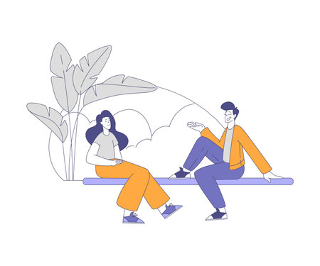Man and Woman Character Sitting on Bench in the Park and Talking Vector Illustrationのイラスト素材