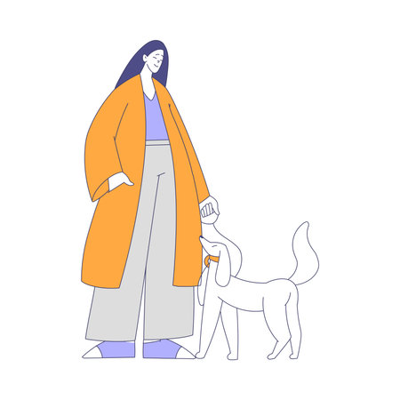 Young Woman in Orange Coat Walking with Cute Dog on the Leash Vector Illustrationのイラスト素材