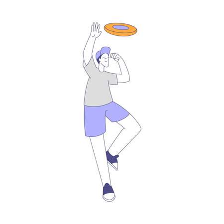 Happy Man Character Playing flying disc Throwing or Catching Flying Disc Vector Illustrationのイラスト素材