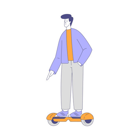 Man Character Riding Hoverboard Enjoying Outdoor Walk in the Park Vector Illustrationのイラスト素材